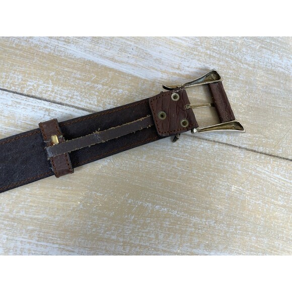 Vintage Western Brown Leather Belt w/Silver-tone Metal Horn Buckle Steer 38\